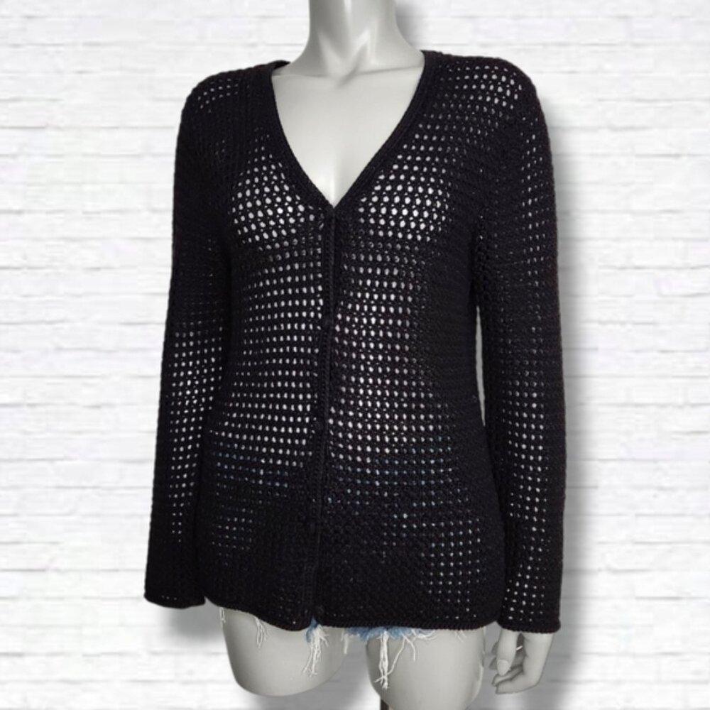 Lauren Ralph Lauren Black Handknit Crochet V Neck Cardigan Size L